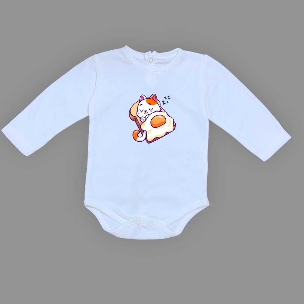 Uyuyan Kedi Baskılı Bebek Çıtçıtlı Body Uzun Kısa Kolsuz