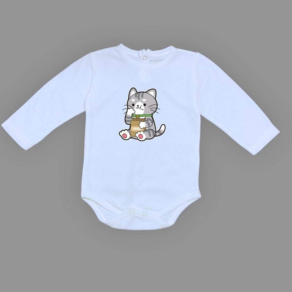 Mama Yiyen Kedi Baskılı Bebek Çıtçıtlı Body Uzun Kısa Kolsuz