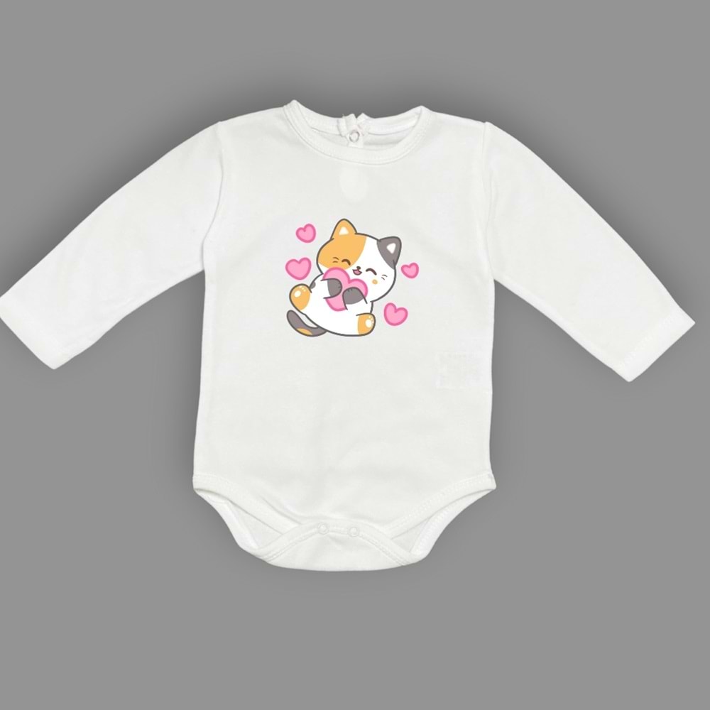 Kalpli Kedi Baskılı Bebek Çıtçıtlı Body Uzun Kısa Kolsuz