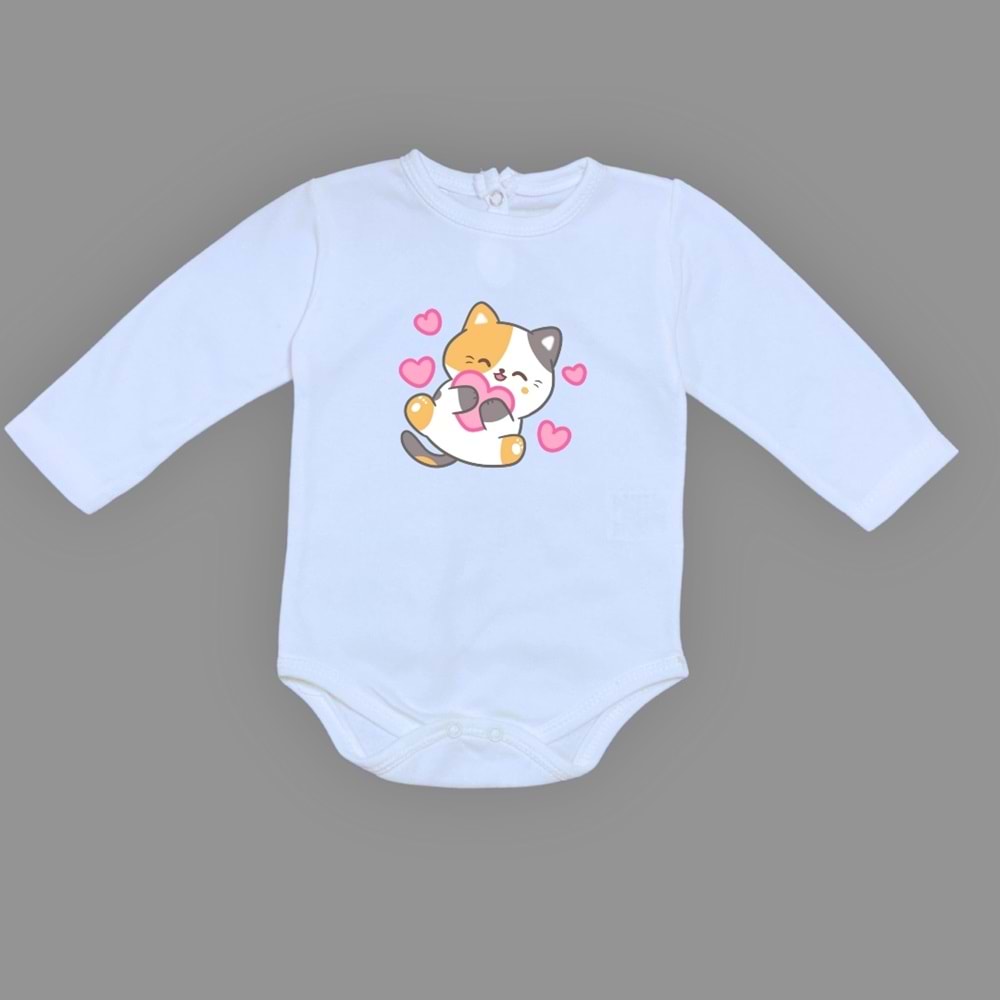Kalpli Kedi Baskılı Bebek Çıtçıtlı Body Uzun Kısa Kolsuz