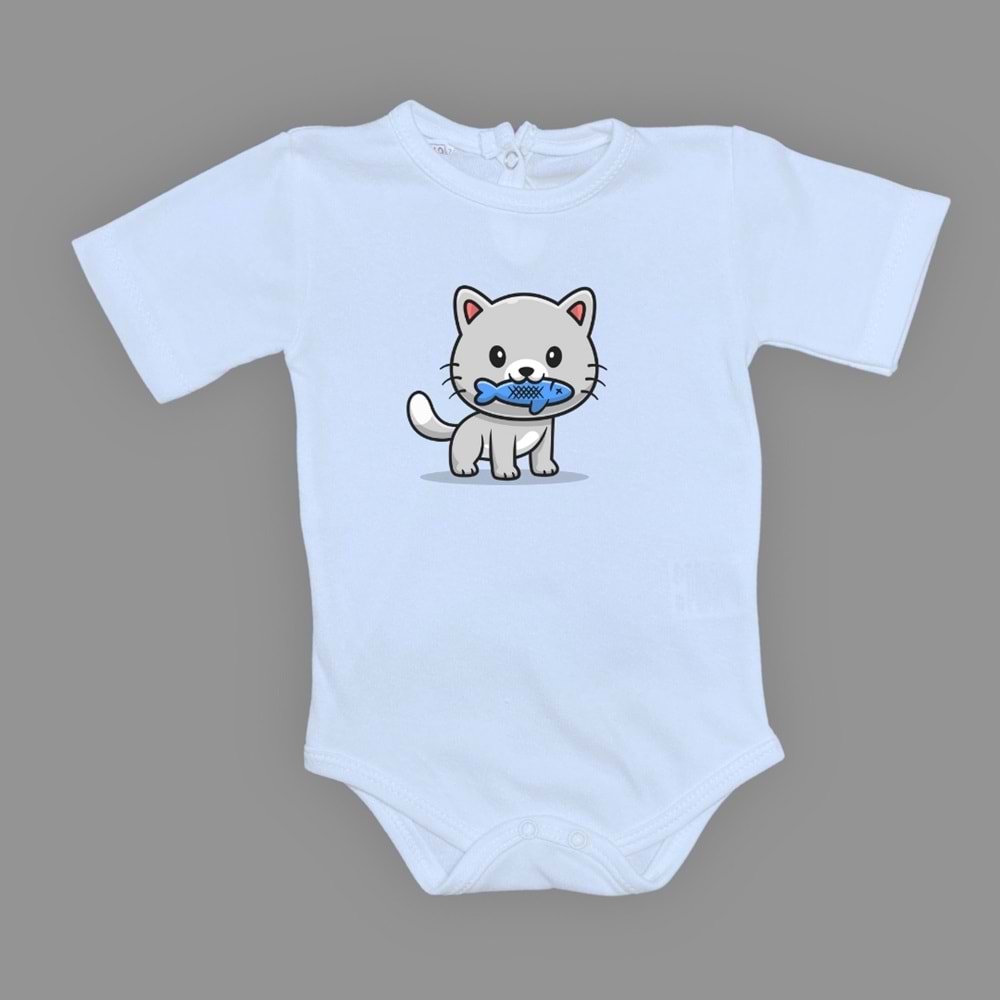 Balıklı Kedi Baskılı Bebek Çıtçıtlı Body Uzun Kısa Kolsuz