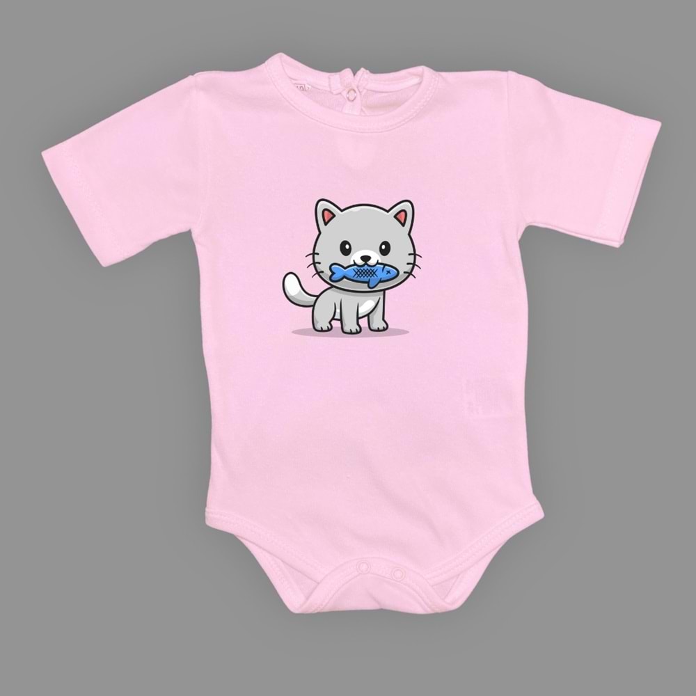Balıklı Kedi Baskılı Bebek Çıtçıtlı Body Uzun Kısa Kolsuz