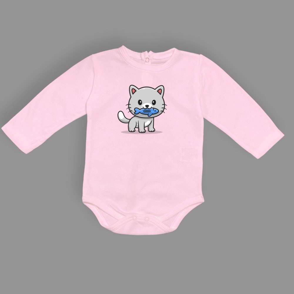 Balıklı Kedi Baskılı Bebek Çıtçıtlı Body Uzun Kısa Kolsuz