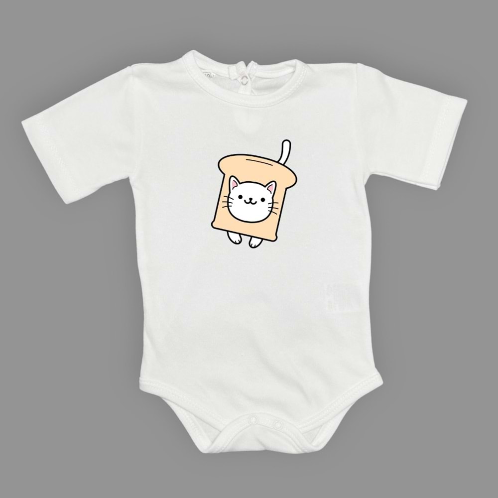 Ekmek Kedi Baskılı Bebek Çıtçıtlı Body Uzun Kısa Kolsuz