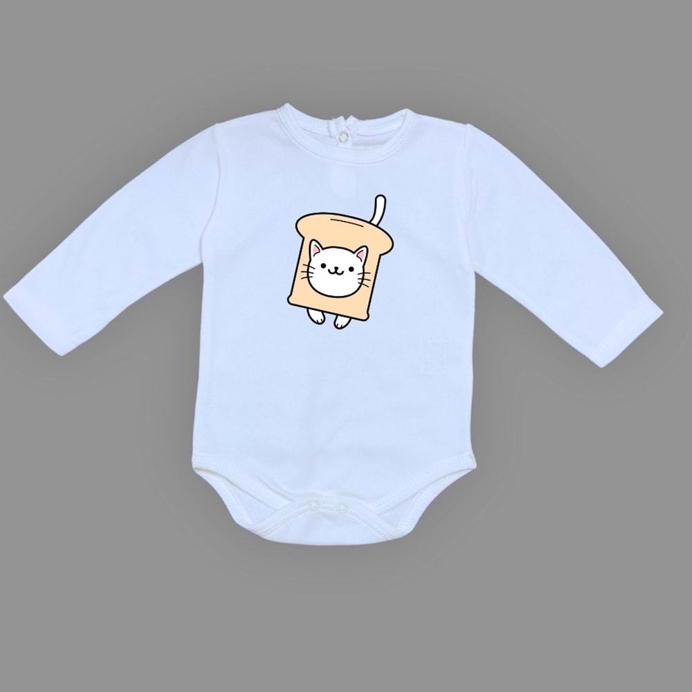 Ekmek Kedi Baskılı Bebek Çıtçıtlı Body Uzun Kısa Kolsuz