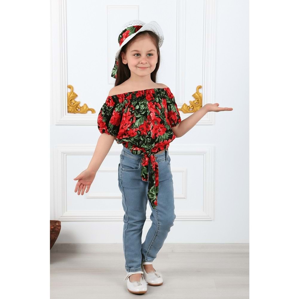Kız Çocuk Şapkalı , Jeans Pantolon , Bluz Yazlık İkili Takım M00731