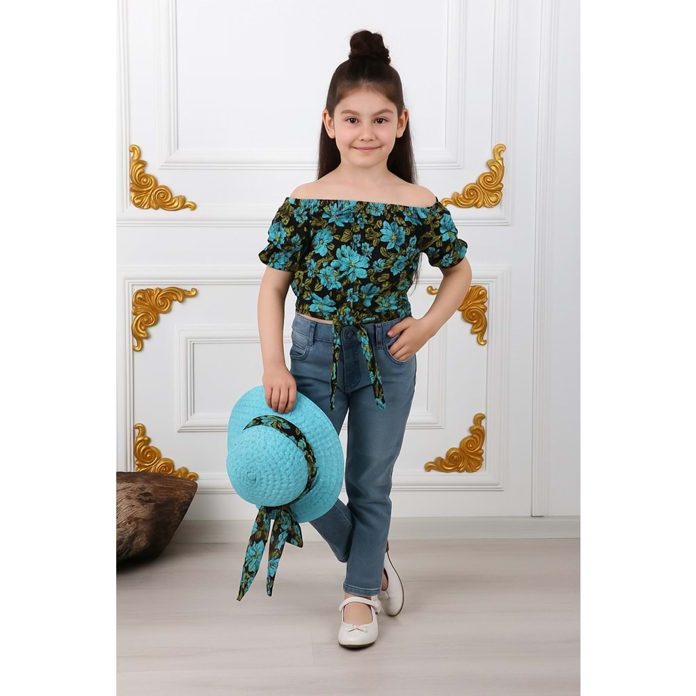 Kız Çocuk Şapkalı , Jeans Pantolon , Bluz Yazlık İkili Takım M00731