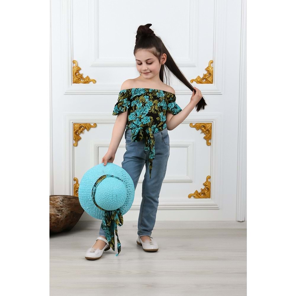 Kız Çocuk Şapkalı , Jeans Pantolon , Bluz Yazlık İkili Takım M00731