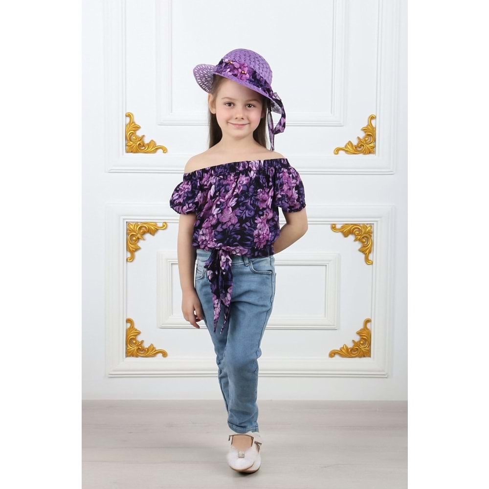 Kız Çocuk Şapkalı , Jeans Pantolon , Bluz Yazlık İkili Takım M00731