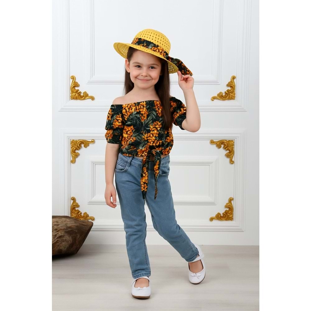 Kız Çocuk Şapkalı , Jeans Pantolon , Bluz Yazlık İkili Takım M00731