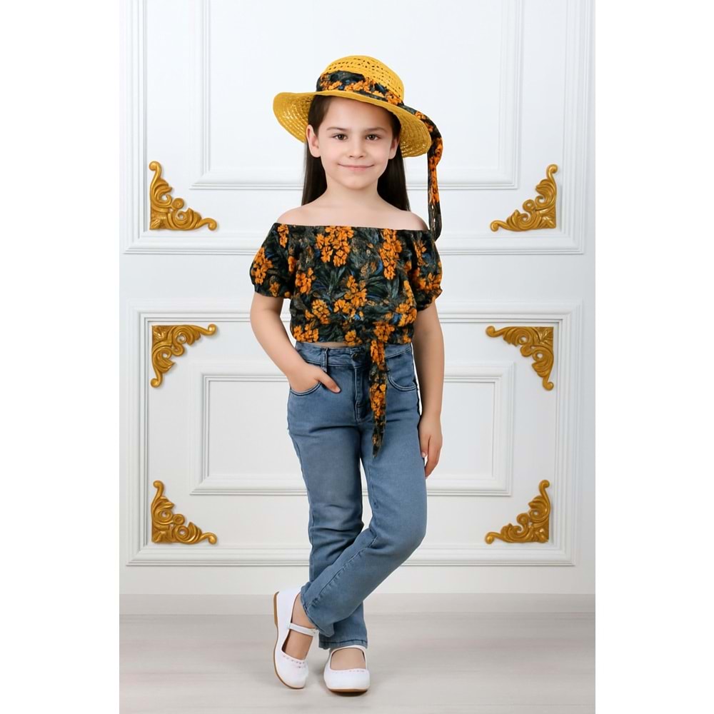 Kız Çocuk Şapkalı , Jeans Pantolon , Bluz Yazlık İkili Takım M00731