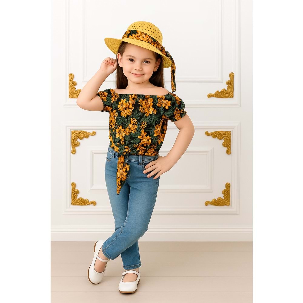 Kız Çocuk Şapkalı , Jeans Pantolon , Bluz Yazlık İkili Takım M00731