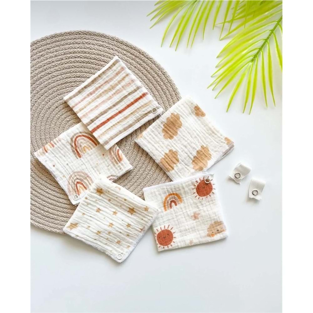 5'li Müslin Desenli Bebek Ağız Mendili Çıtçıtlı Mama Önlüğü M00750