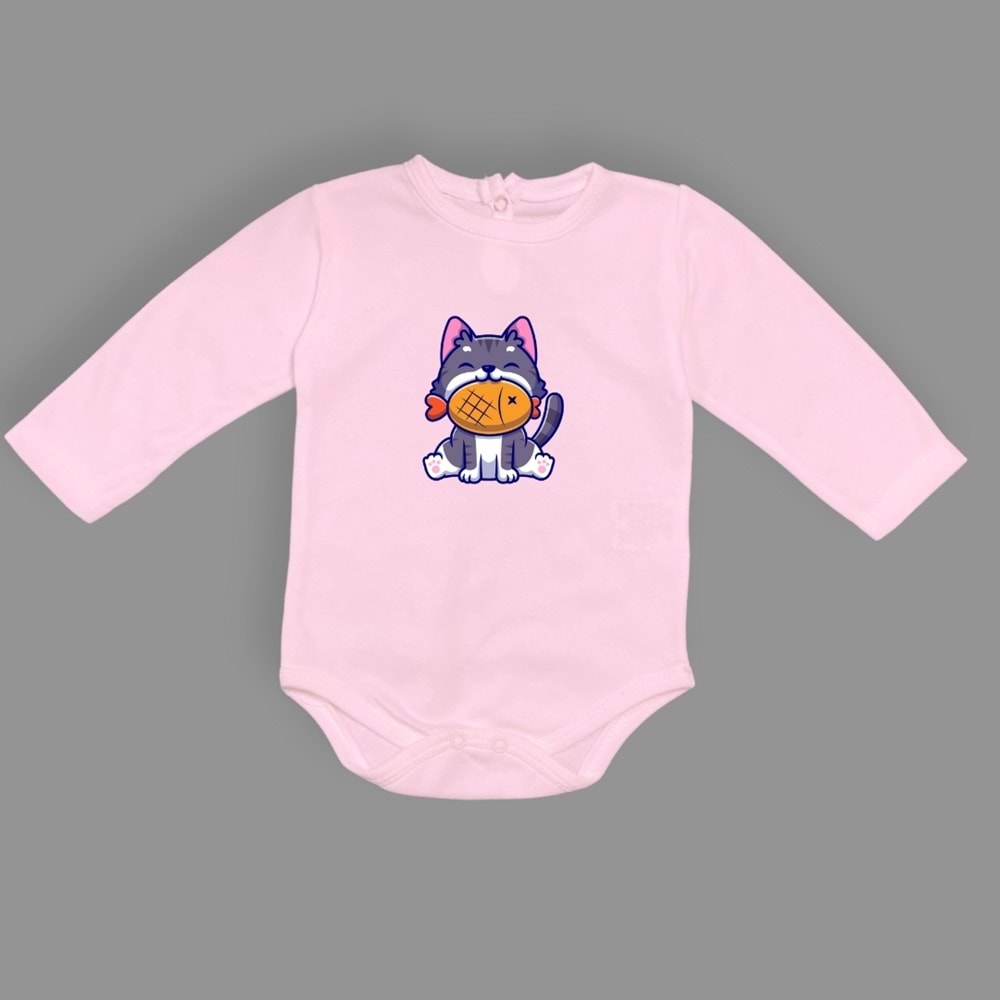 Baskılı Balıklı Kedi Bebek Çıtçıtlı Body - MNK0658-PEMBE-18 AY