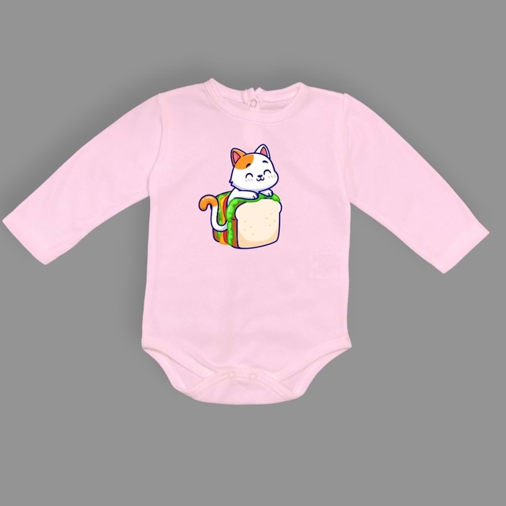 Baskılı Tost Kedi Bebek Çıtçıtlı Body - MNK0660-PEMBE-6 AY