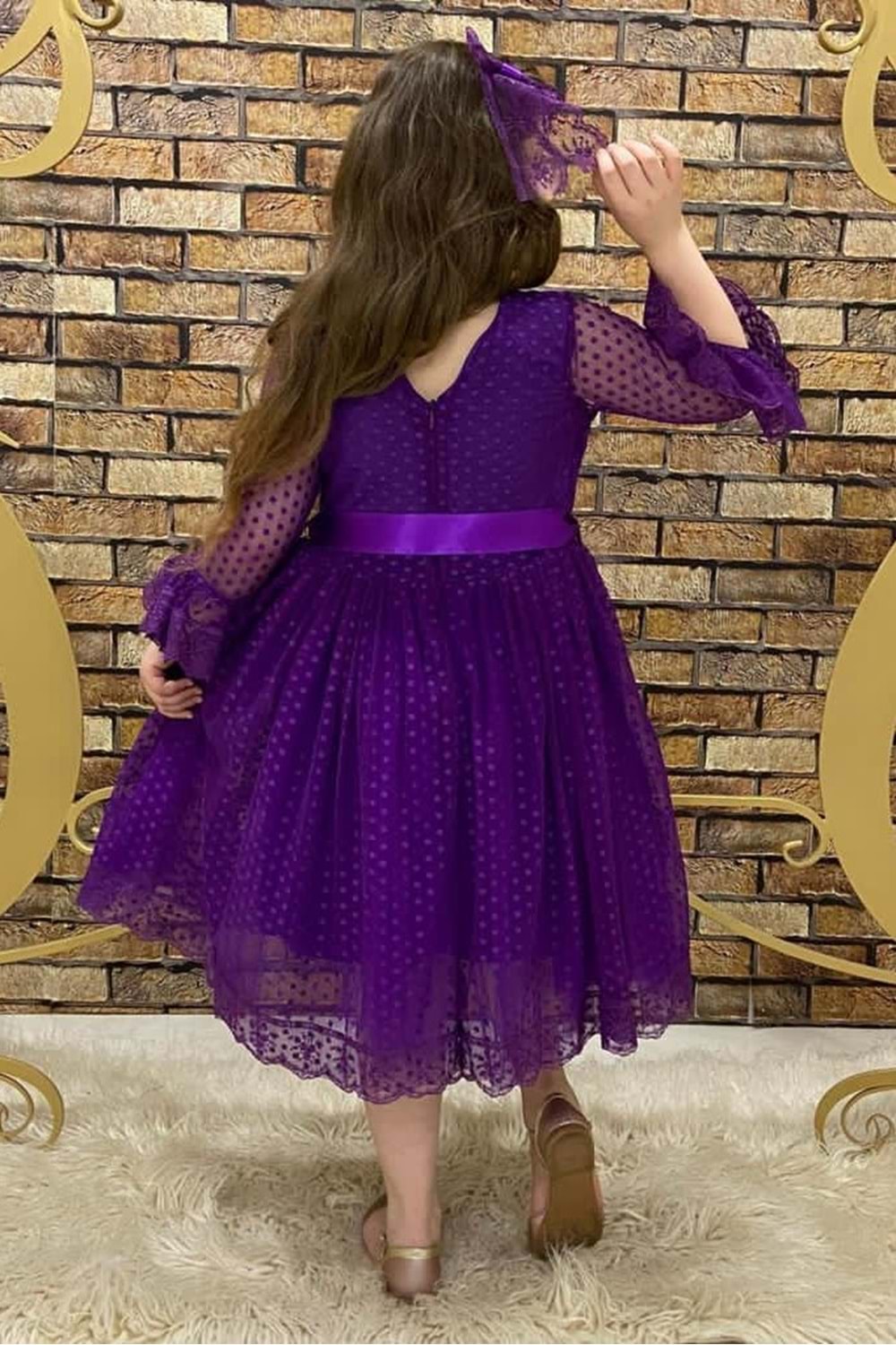 Mor Fransız Dantel Tokalı Kız Çocuk Elbise