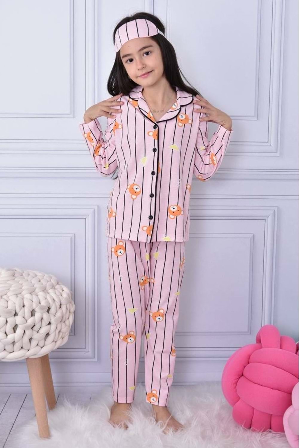 Kız Çocuk Ayıcık Baskılı Penye , Uyku Maskeli Pijama Takım M00668