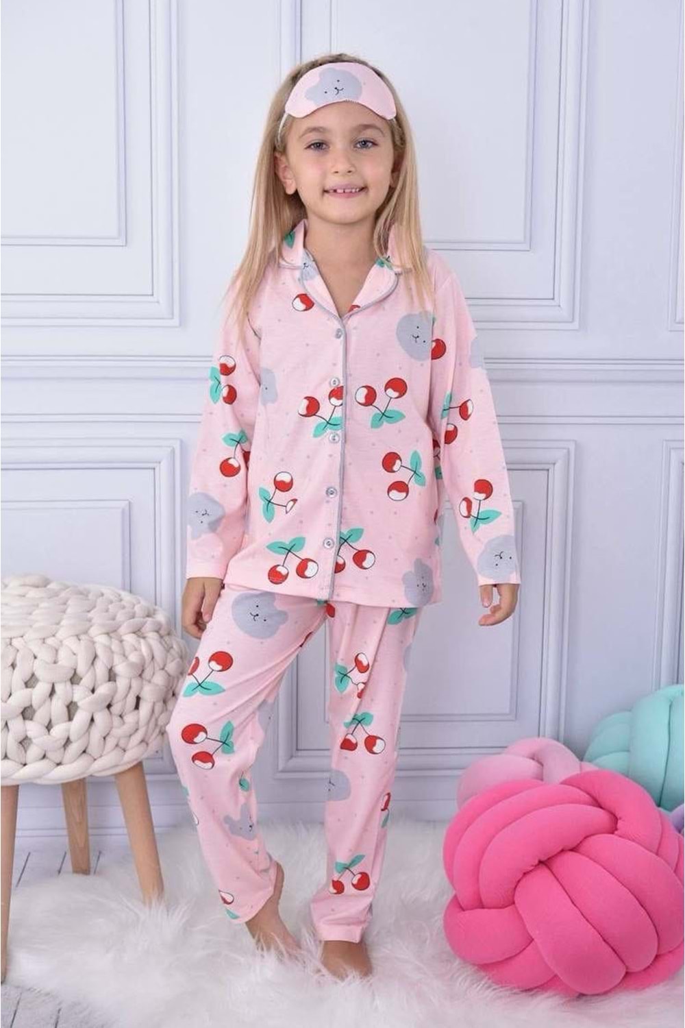 Kız Çocuk Kiraz Baskılı Penye , Uyku Maskeli Pijama Takım M00668
