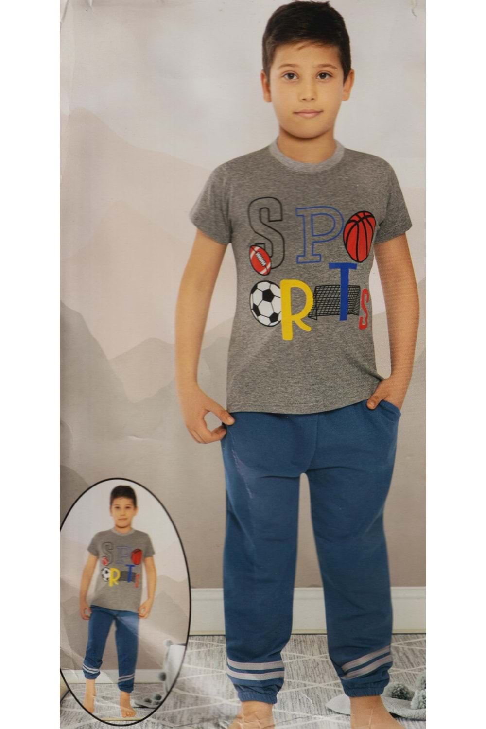 Kısa Kol Tişört , Uzun Pantolon Erkek Çocuk Pijama M00672