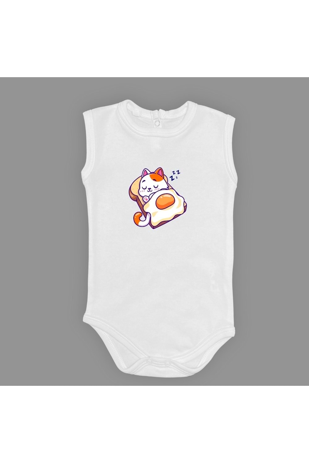 Uyuyan Kedi Baskılı Bebek Çıtçıtlı Body Uzun Kısa Kolsuz