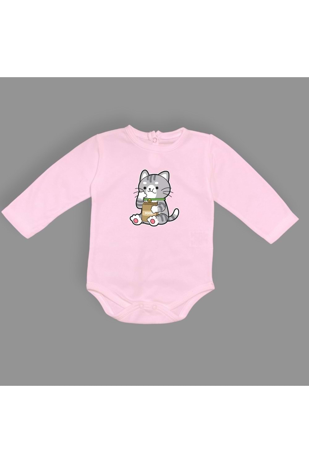 Mama Yiyen Kedi Baskılı Bebek Çıtçıtlı Body Uzun Kısa Kolsuz