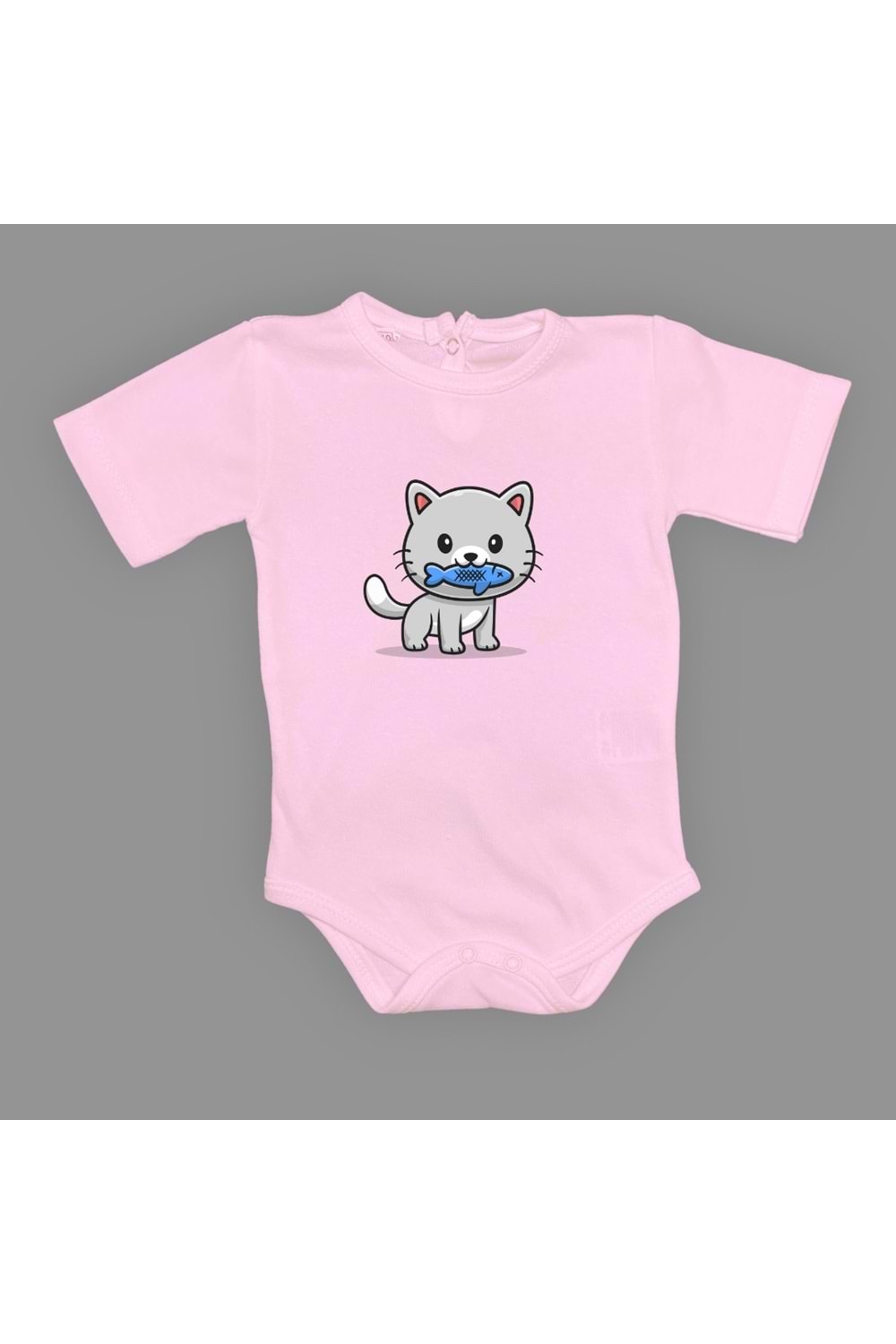 Balıklı Kedi Baskılı Bebek Çıtçıtlı Body Uzun Kısa Kolsuz