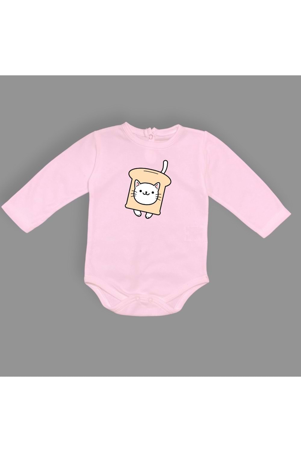 Ekmek Kedi Baskılı Bebek Çıtçıtlı Body Uzun Kısa Kolsuz