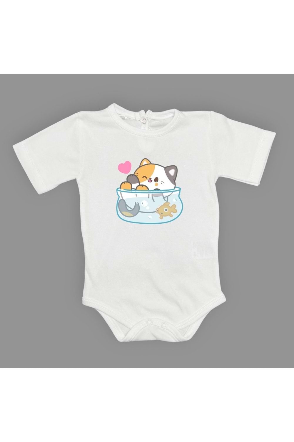 Akvaryum Kedi Baskılı Bebek Çıtçıtlı Body Uzun Kısa Kolsuz