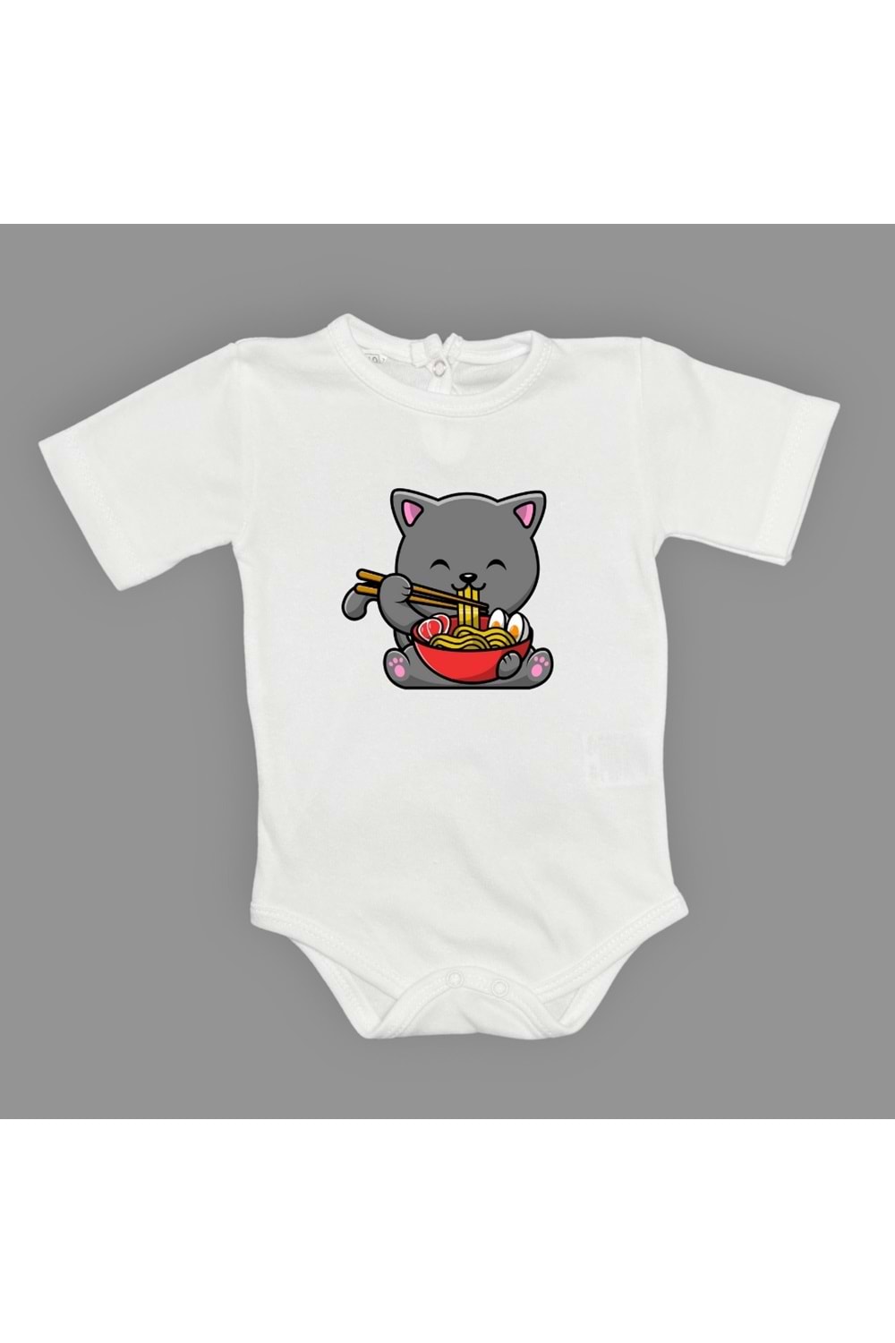 Yemek Yiyen Kedi Baskılı Bebek Çıtçıtlı Body Uzun Kısa Kolsuz