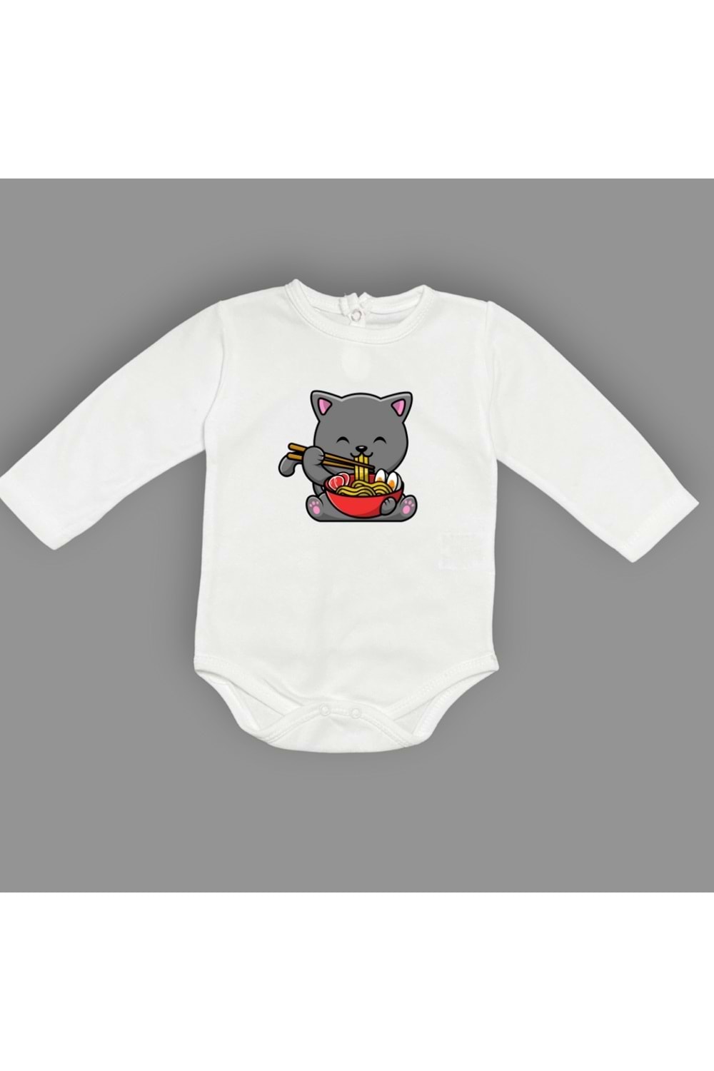 Yemek Yiyen Kedi Baskılı Bebek Çıtçıtlı Body Uzun Kısa Kolsuz