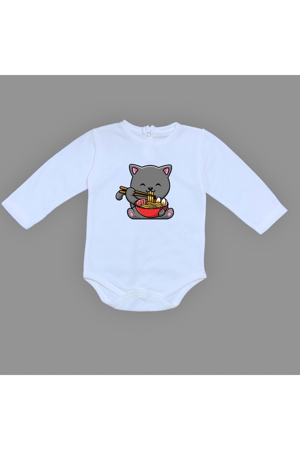 Yemek Yiyen Kedi Baskılı Bebek Çıtçıtlı Body Uzun Kısa Kolsuz