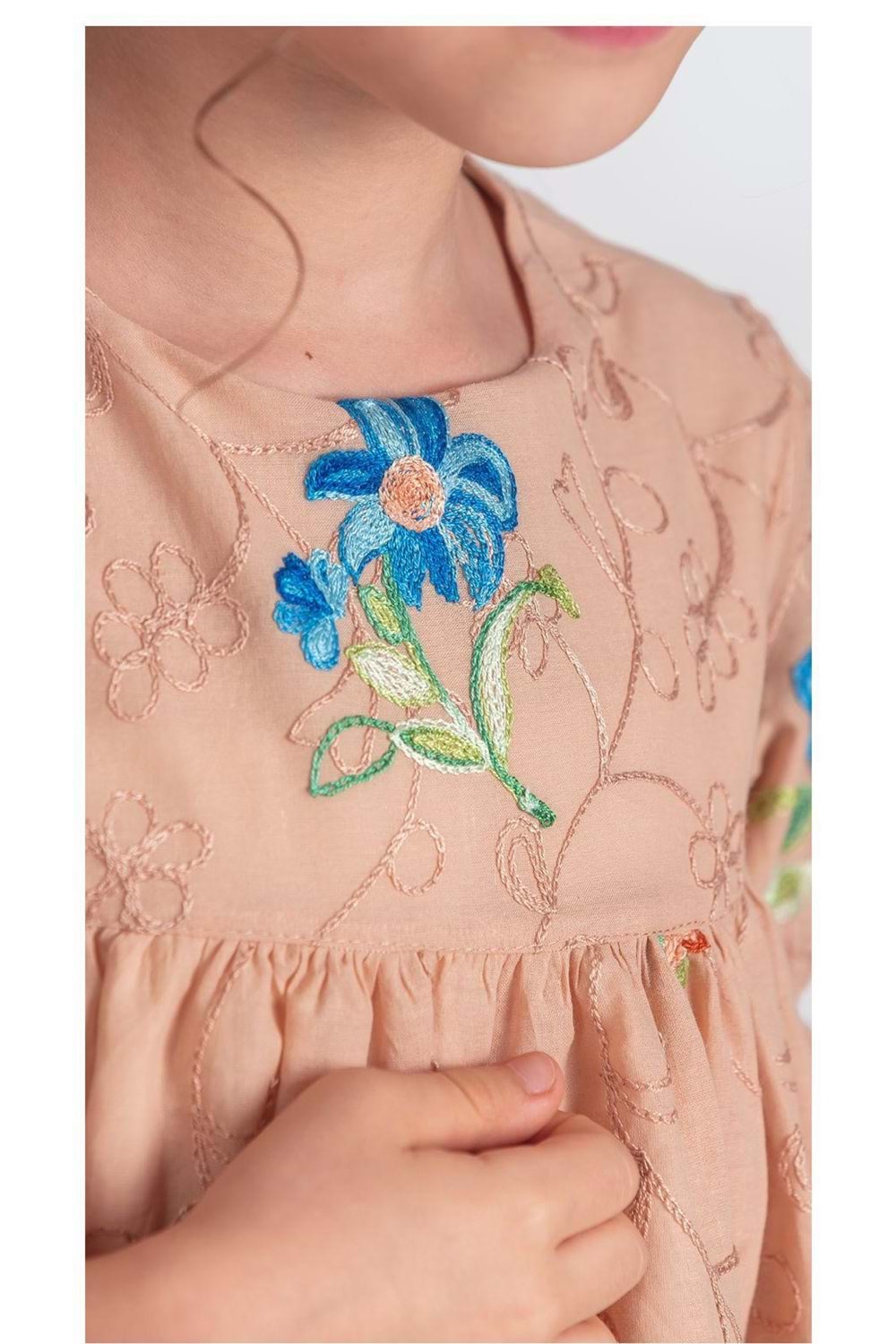 Otantik Akdeniz Çiçek NakışKız Çocuk Müslin Elbise M00706