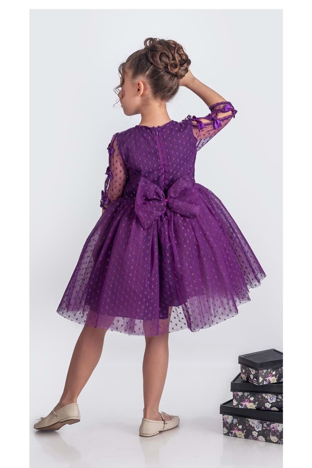 Dantel Puanlı, Uzun Kol Prenses Kız Çocuk Elbise M00707