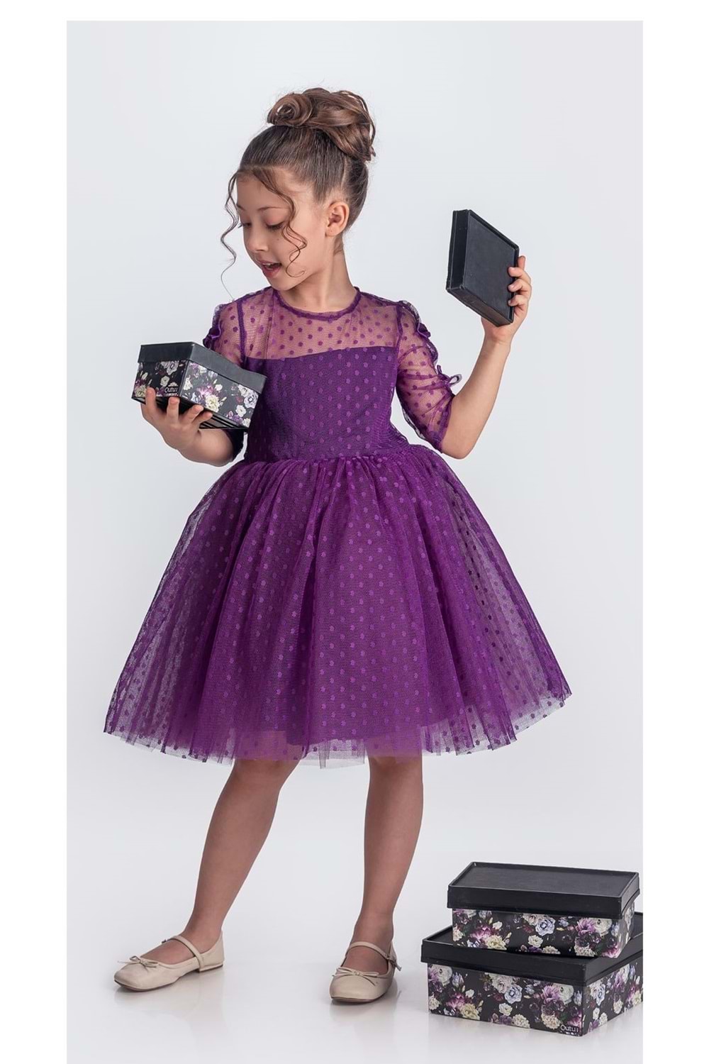Dantel Puanlı, Uzun Kol Prenses Kız Çocuk Elbise M00707