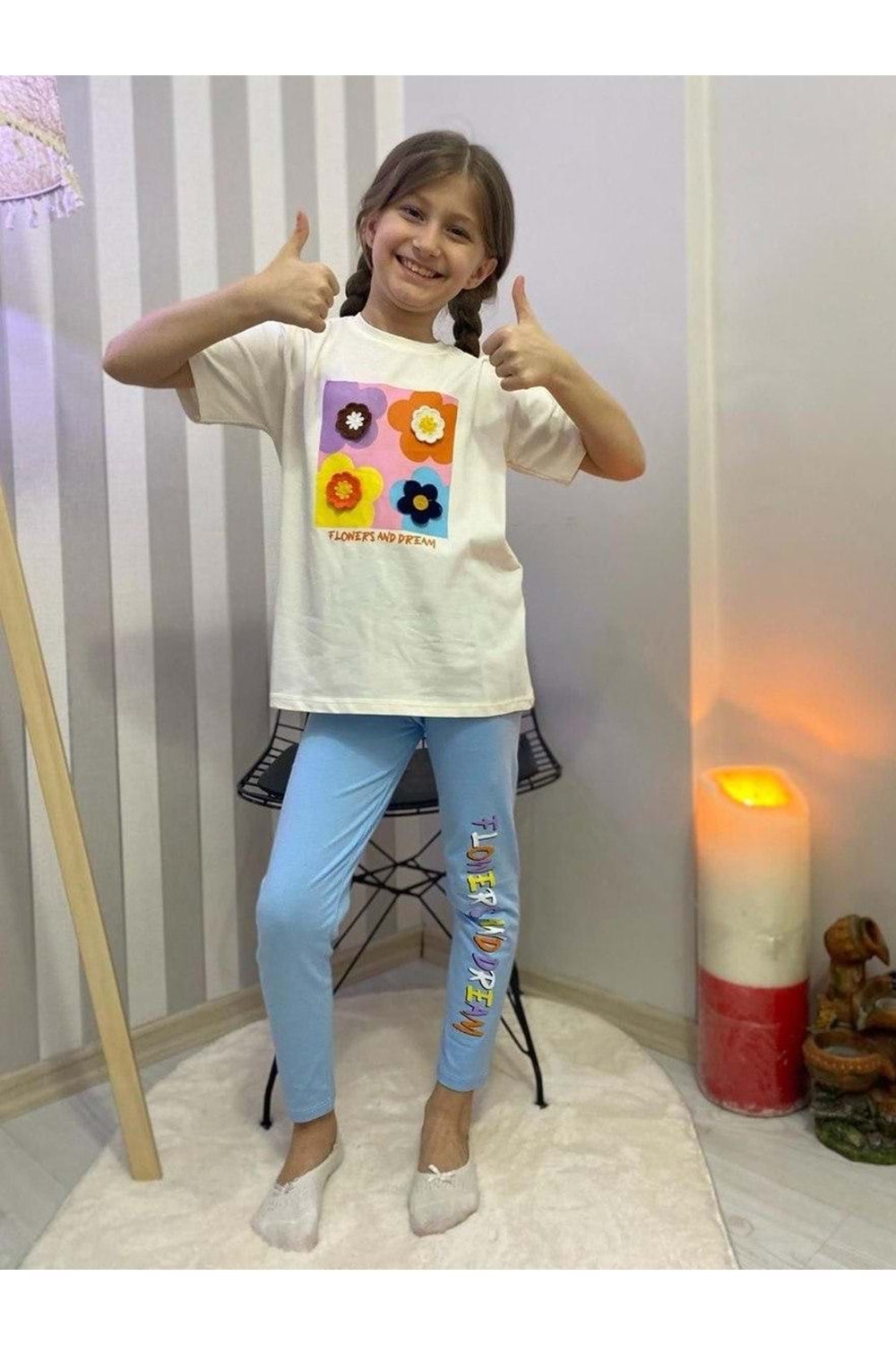 Kız Çocuk 3D Çiçek Motifli Yazlık Taytlı Badi Takım M00713