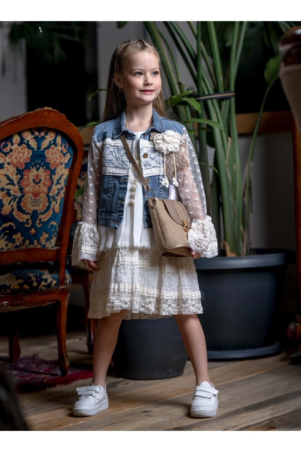 Kız Çocuk Dantelli Kot Ceket ve Elbise Takımı M00717