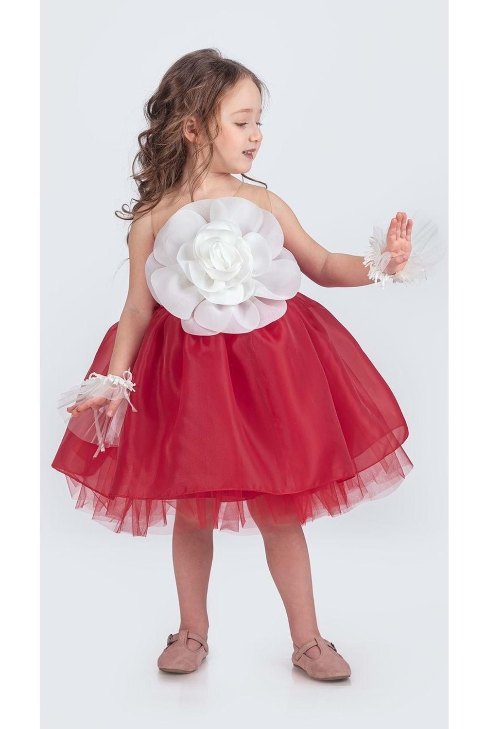 Karolin Robası Çiçekli Bilekli Aksesuarlı Kız Çocuk Abiye Elbise M00724