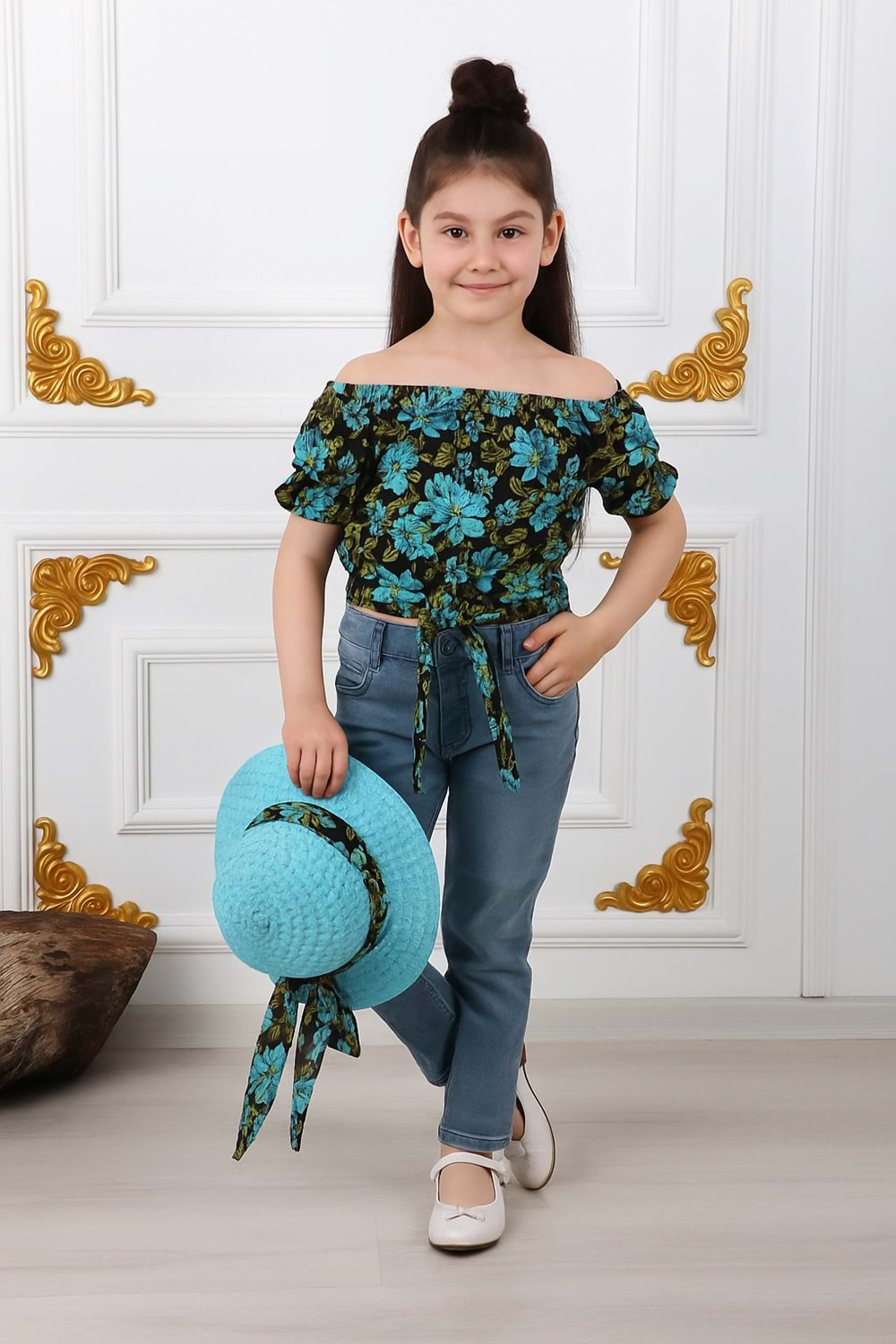 Kız Çocuk Şapkalı , Jeans Pantolon , Bluz Yazlık İkili Takım M00731