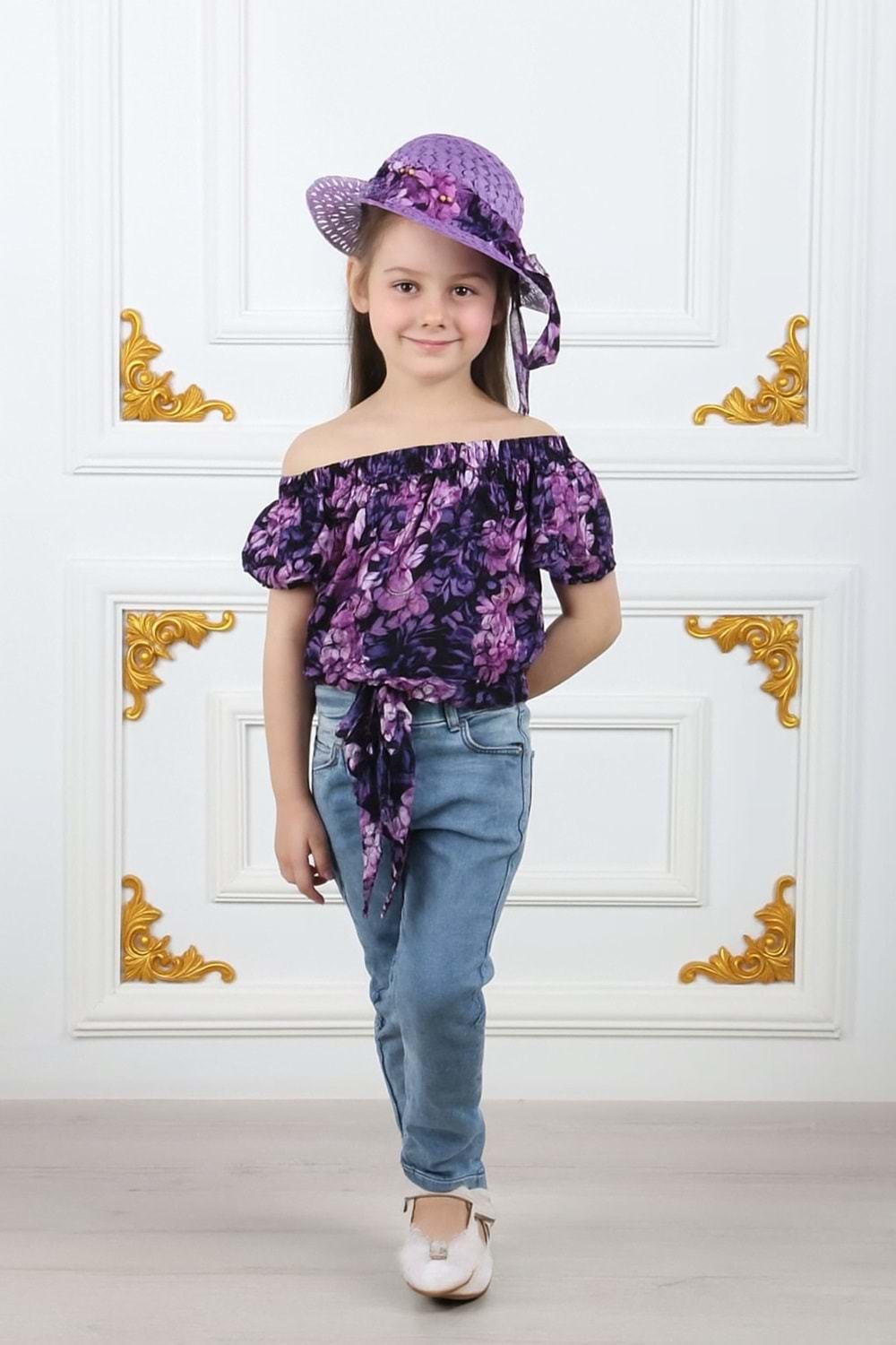Kız Çocuk Şapkalı , Jeans Pantolon , Bluz Yazlık İkili Takım M00731