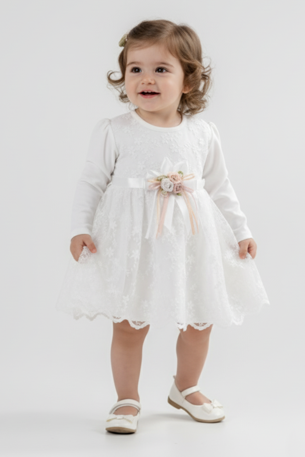 Kız Bebek Kurdelalı Çiçekli Dantel Elbise M00768