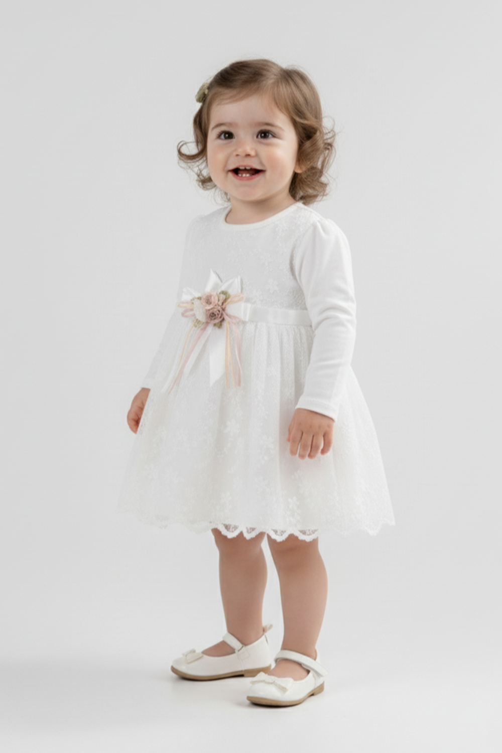 Kız Bebek Kurdelalı Çiçekli Dantel Elbise M00768