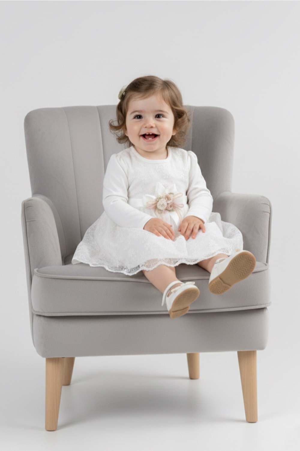 Kız Bebek Kurdelalı Çiçekli Dantel Elbise M00768