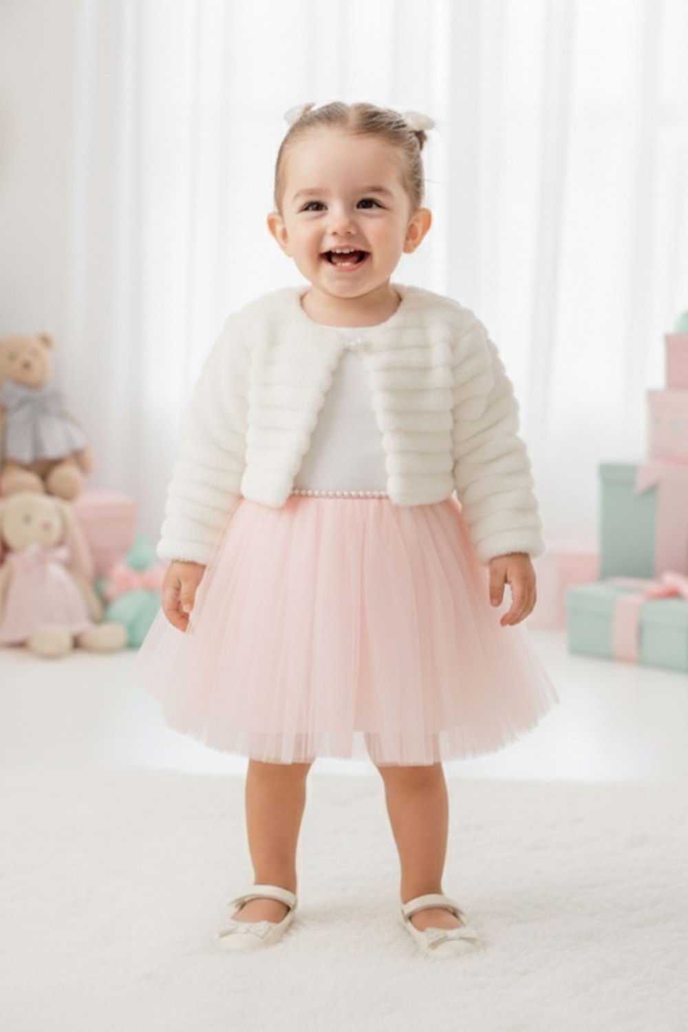 Pelüş Bolerolu Kız Bebek Elbise M00771