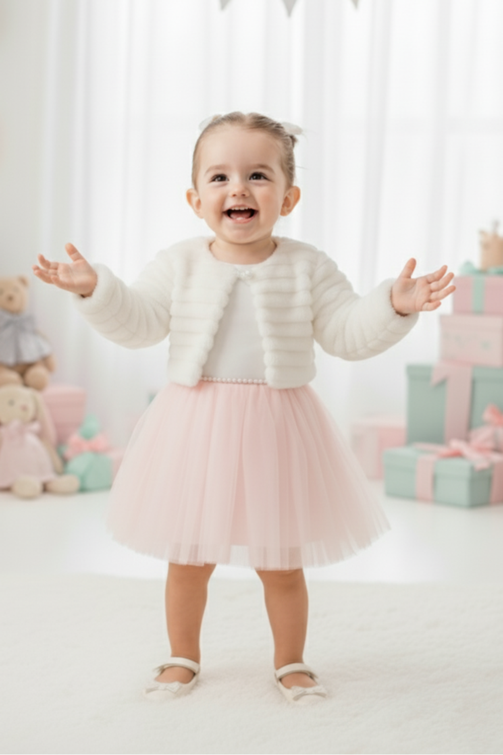 Pelüş Bolerolu Kız Bebek Elbise M00771