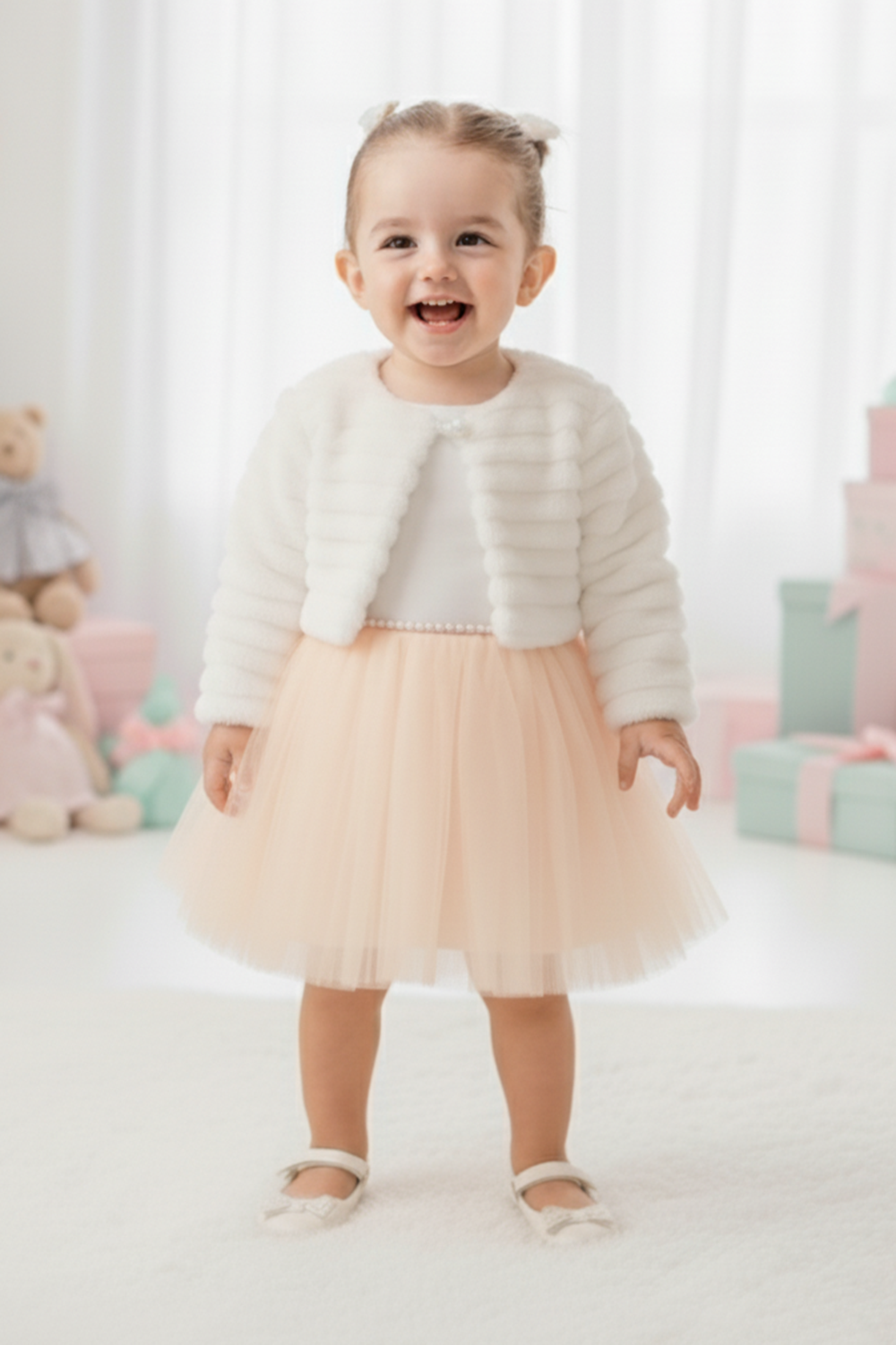 Pelüş Bolerolu Kız Bebek Elbise M00771
