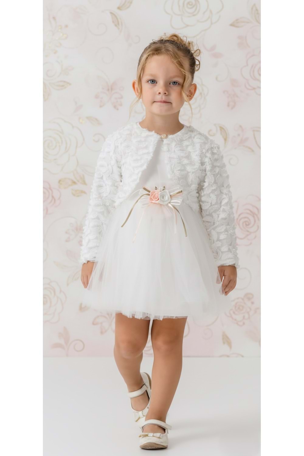 Triko Bolerolu Bel Çiçekli Kız Bebek Elbise M00773