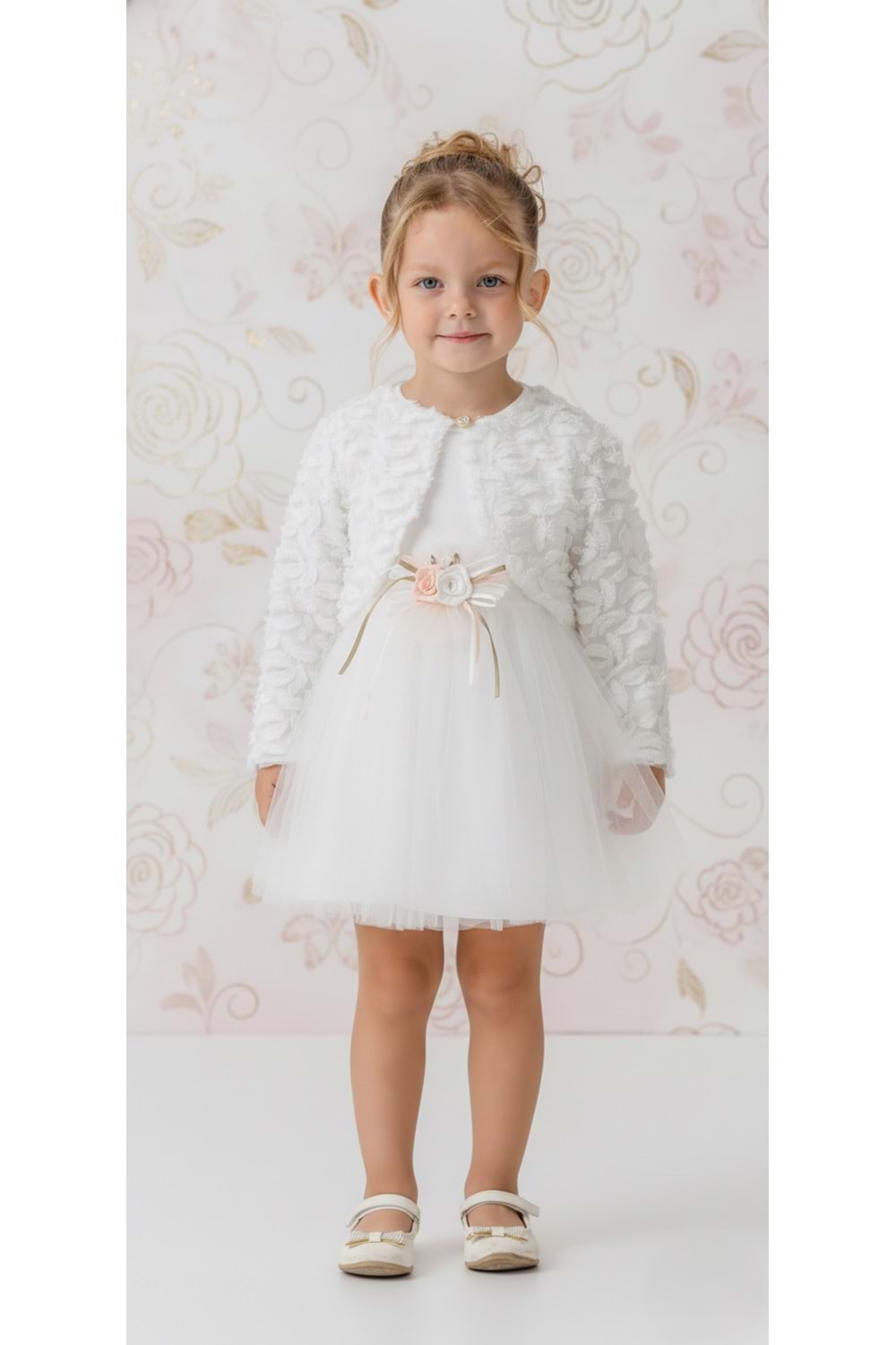 Triko Bolerolu Bel Çiçekli Kız Bebek Elbise M00773