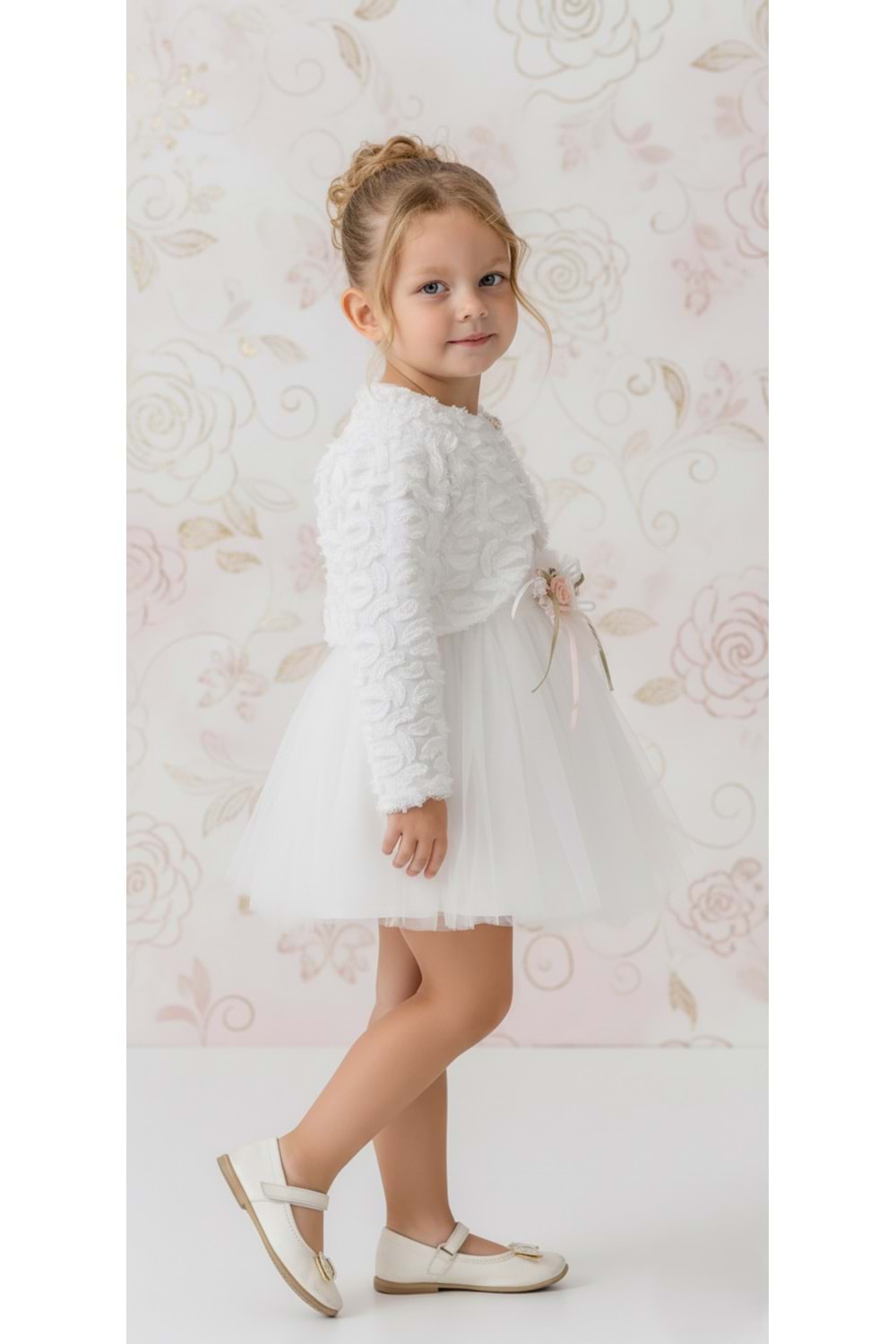 Triko Bolerolu Bel Çiçekli Kız Bebek Elbise M00773