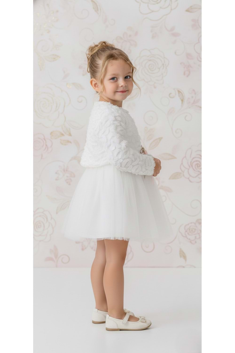 Triko Bolerolu Bel Çiçekli Kız Bebek Elbise M00773