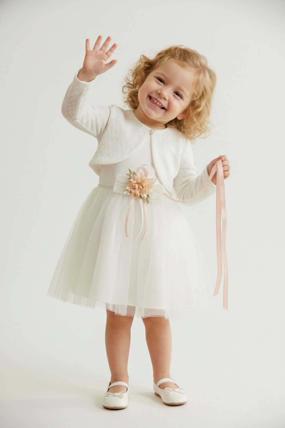 Triko Bolerolu Bel Çiçekli Kız Bebek Elbise M00773